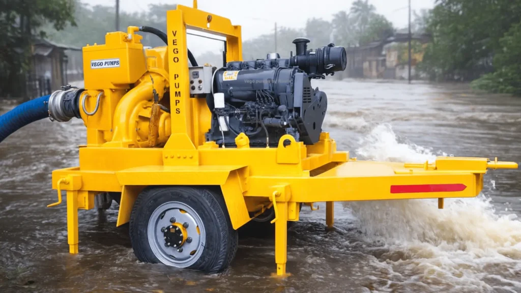 Heavy-duty self-priming dewatering pump with diesel engine and large discharge outlet for construction and mining
