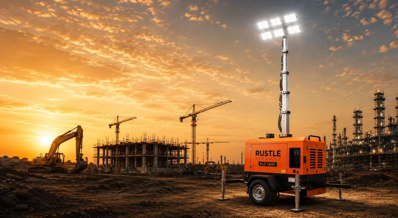 Rustle Dynamics PLT 1600 S mobile light tower illuminating a construction and industrial site at sunset, with cranes, heavy equipment, and industrial facilities in the background.