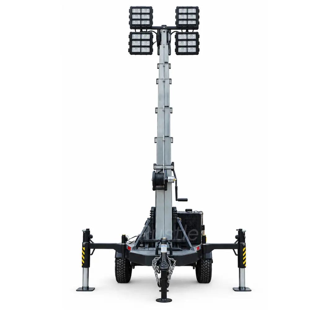 Front-view portable mobile light tower with four LED floodlights, telescopic mast, trailer chassis, stabilizer outriggers, wheels, and tow hitch on a clean white background.