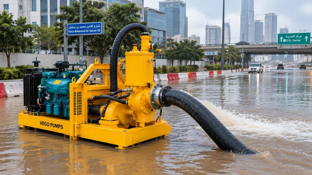 Flood water removal pumps operating beside a city road for emergency dewatering