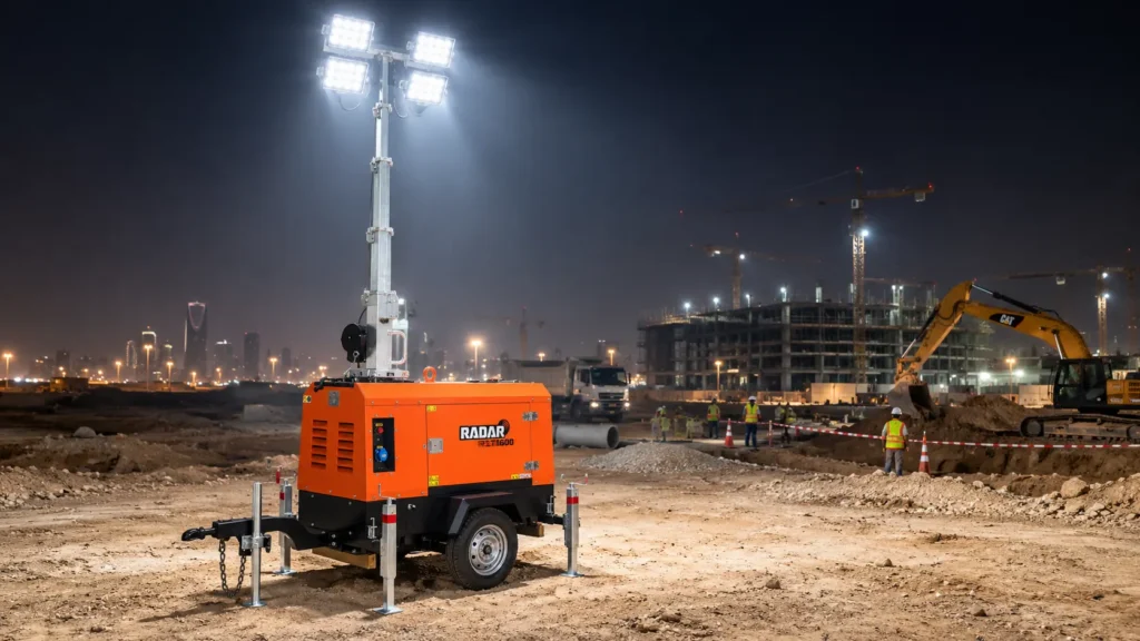 Diesel-powered LED light tower illuminating a construction site at night in Saudi Arabia.