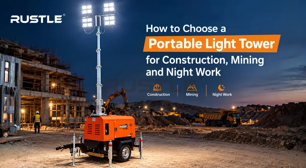 Portable LED light tower illuminating a construction site at night